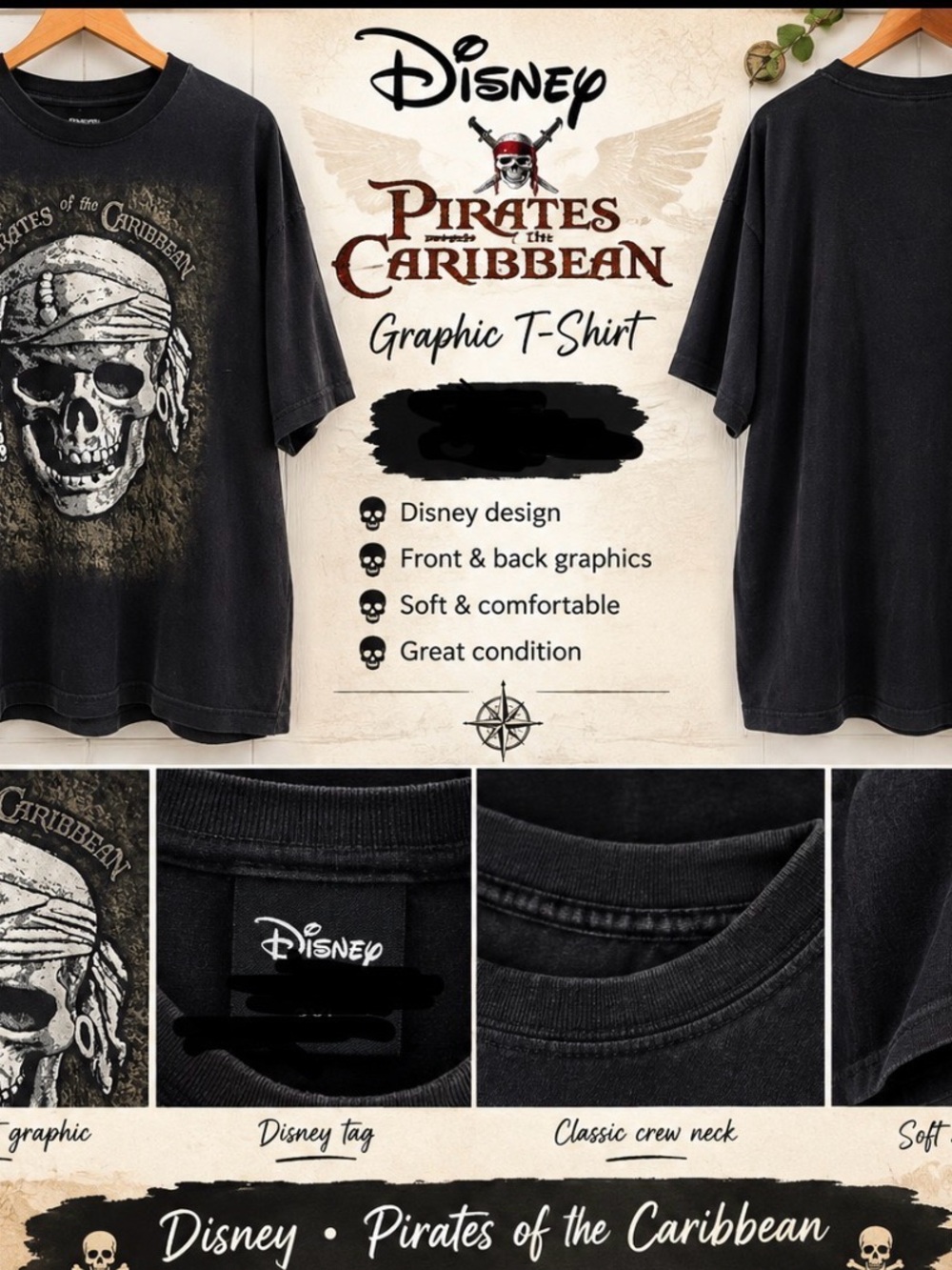 2XL Disney Pirates of the Caribbean Men's Black Graphic T-Shirt